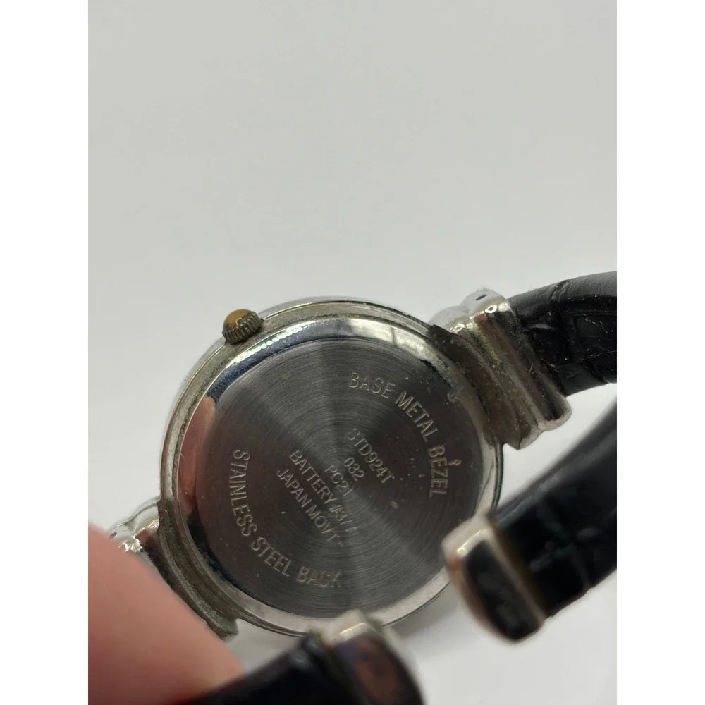 Studio Time Women Silver Tone Black Leather Cuff Quartz Watch‎